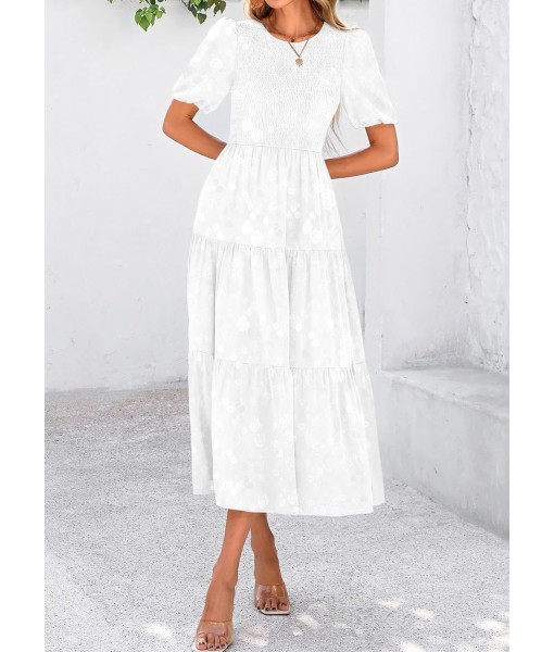 KIRUNDO Womens Summer Dresses Wedding Guest Floral Midi Sundress Short Puff Sleeve Flowy A Line Smocked Tiered Boho Dress