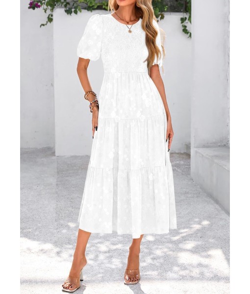 KIRUNDO Womens Summer Dresses Wedding Guest Floral Midi Sundress Short Puff Sleeve Flowy A Line Smocked Tiered Boho Dress