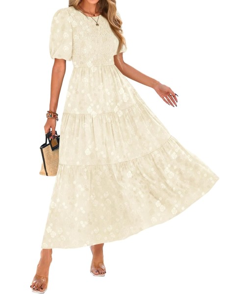 KIRUNDO Womens Summer Dresses Wedding Guest Floral Midi Sundress Short Puff Sleeve Flowy A Line Smocked Tiered Boho Dress
