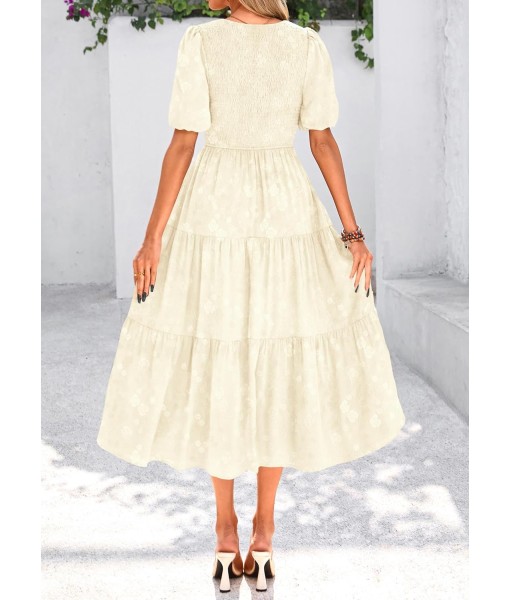 KIRUNDO Womens Summer Dresses Wedding Guest Floral Midi Sundress Short Puff Sleeve Flowy A Line Smocked Tiered Boho Dress