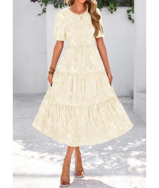 KIRUNDO Womens Summer Dresses Wedding Guest Floral Midi Sundress Short Puff Sleeve Flowy A Line Smocked Tiered Boho Dress