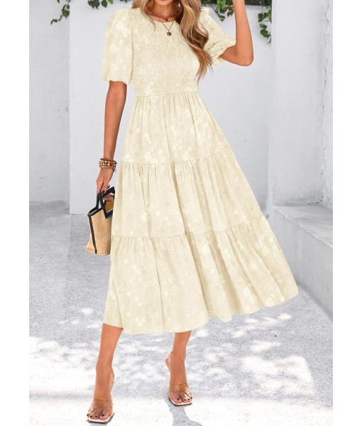 KIRUNDO Womens Summer Dresses Wedding Guest Floral Midi Sundress Short Puff Sleeve Flowy A Line Smocked Tiered Boho Dress