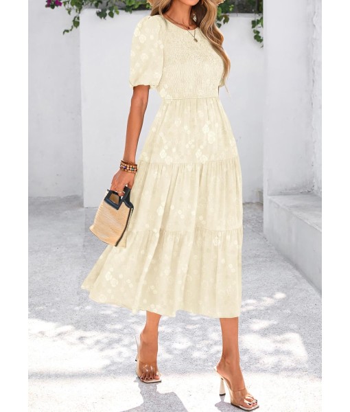 KIRUNDO Womens Summer Dresses Wedding Guest Floral Midi Sundress Short Puff Sleeve Flowy A Line Smocked Tiered Boho Dress