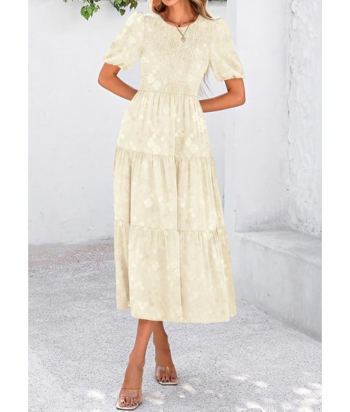 KIRUNDO Womens Summer Dresses Wedding Guest Floral Midi Sundress Short Puff Sleeve Flowy A Line Smocked Tiered Boho Dress