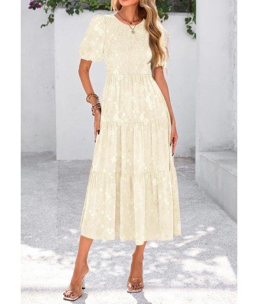 KIRUNDO Womens Summer Dresses Wedding Guest Floral Midi Sundress Short Puff Sleeve Flowy A Line Smocked Tiered Boho Dress