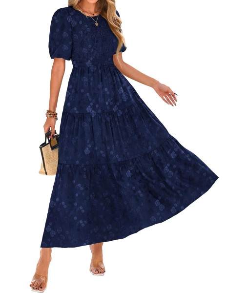KIRUNDO Womens Summer Dresses Wedding Guest Floral Midi Sundress Short Puff Sleeve Flowy A Line Smocked Tiered Boho Dress
