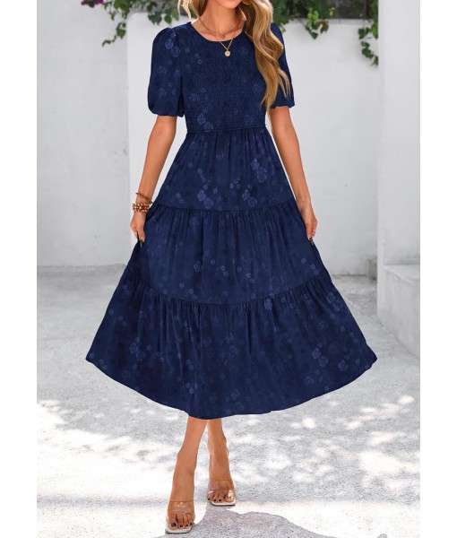 KIRUNDO Womens Summer Dresses Wedding Guest Floral Midi Sundress Short Puff Sleeve Flowy A Line Smocked Tiered Boho Dress