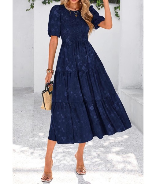 KIRUNDO Womens Summer Dresses Wedding Guest Floral Midi Sundress Short Puff Sleeve Flowy A Line Smocked Tiered Boho Dress