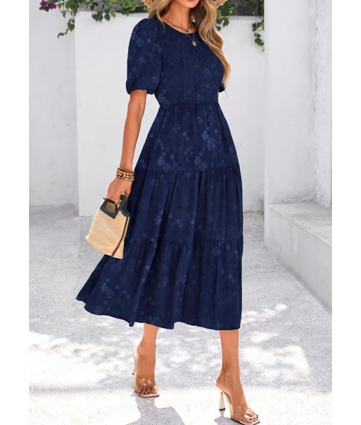 KIRUNDO Womens Summer Dresses Wedding Guest Floral Midi Sundress Short Puff Sleeve Flowy A Line Smocked Tiered Boho Dress