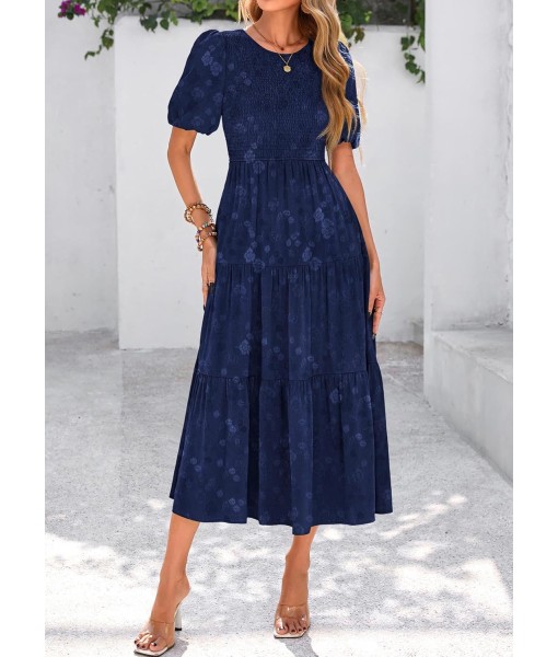 KIRUNDO Womens Summer Dresses Wedding Guest Floral Midi Sundress Short Puff Sleeve Flowy A Line Smocked Tiered Boho Dress