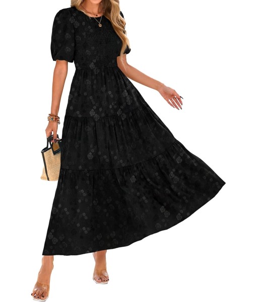 KIRUNDO Womens Summer Dresses Wedding Guest Floral Midi Sundress Short Puff Sleeve Flowy A Line Smocked Tiered Boho Dress