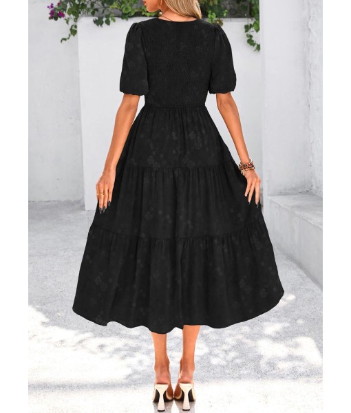 KIRUNDO Womens Summer Dresses Wedding Guest Floral Midi Sundress Short Puff Sleeve Flowy A Line Smocked Tiered Boho Dress