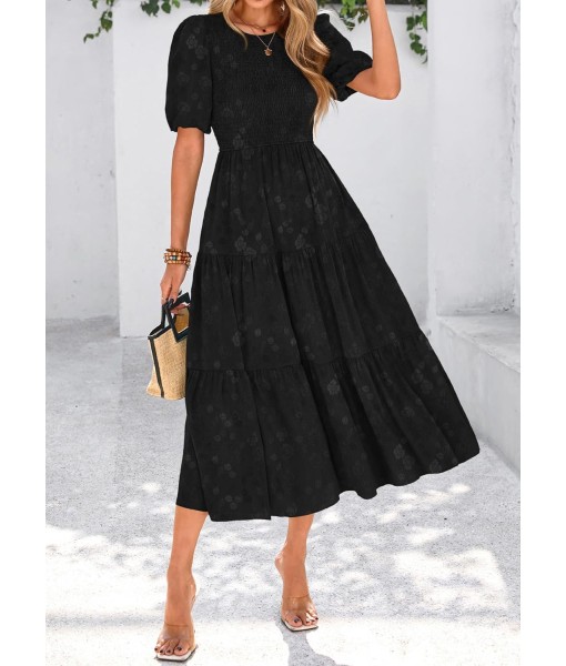 KIRUNDO Womens Summer Dresses Wedding Guest Floral Midi Sundress Short Puff Sleeve Flowy A Line Smocked Tiered Boho Dress