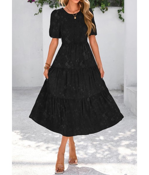 KIRUNDO Womens Summer Dresses Wedding Guest Floral Midi Sundress Short Puff Sleeve Flowy A Line Smocked Tiered Boho Dress