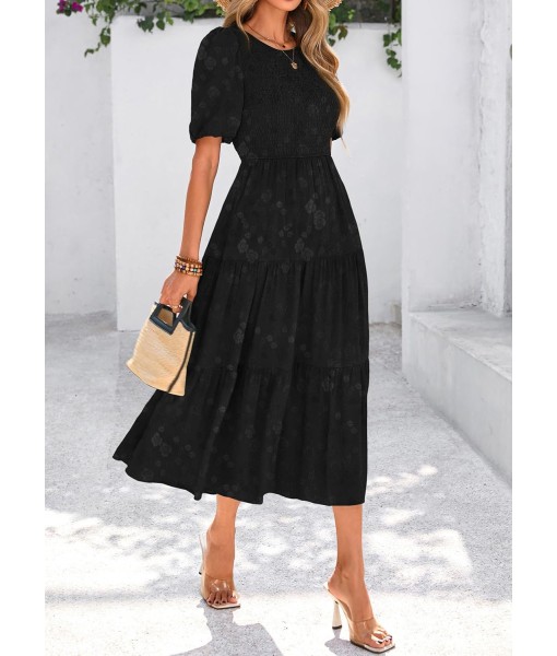 KIRUNDO Womens Summer Dresses Wedding Guest Floral Midi Sundress Short Puff Sleeve Flowy A Line Smocked Tiered Boho Dress