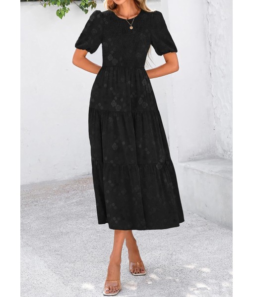 KIRUNDO Womens Summer Dresses Wedding Guest Floral Midi Sundress Short Puff Sleeve Flowy A Line Smocked Tiered Boho Dress