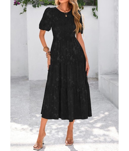 KIRUNDO Womens Summer Dresses Wedding Guest Floral Midi Sundress Short Puff Sleeve Flowy A Line Smocked Tiered Boho Dress