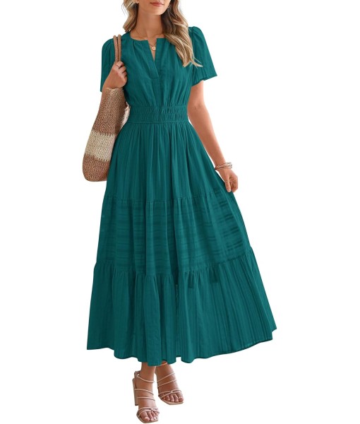 BTFBM Womens Summer 2025 Casual Midi Maxi Dresses Lightweight Short Sleeve V Neck Elastic Waist Boho Beach Dress Pockets
