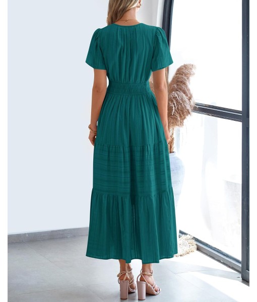 BTFBM Womens Summer 2025 Casual Midi Maxi Dresses Lightweight Short Sleeve V Neck Elastic Waist Boho Beach Dress Pockets