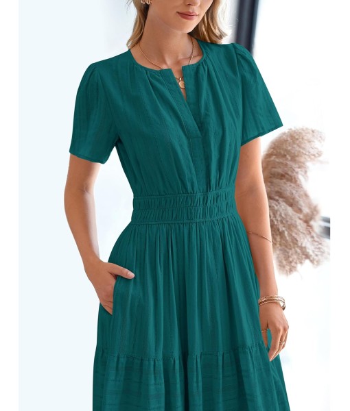 BTFBM Womens Summer 2025 Casual Midi Maxi Dresses Lightweight Short Sleeve V Neck Elastic Waist Boho Beach Dress Pockets