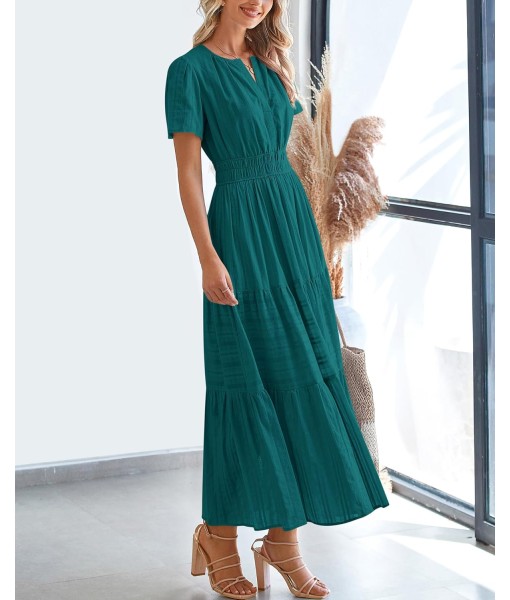 BTFBM Womens Summer 2025 Casual Midi Maxi Dresses Lightweight Short Sleeve V Neck Elastic Waist Boho Beach Dress Pockets