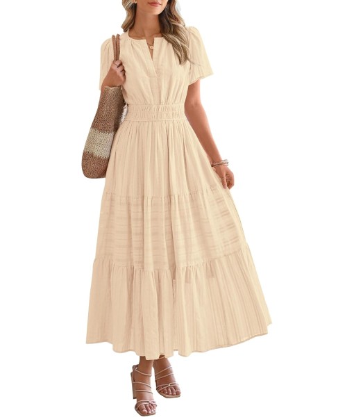 BTFBM Womens Summer 2025 Casual Midi Maxi Dresses Lightweight Short Sleeve V Neck Elastic Waist Boho Beach Dress Pockets