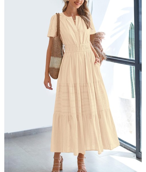 BTFBM Womens Summer 2025 Casual Midi Maxi Dresses Lightweight Short Sleeve V Neck Elastic Waist Boho Beach Dress Pockets