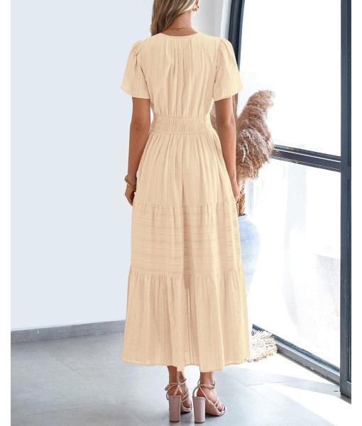 BTFBM Womens Summer 2025 Casual Midi Maxi Dresses Lightweight Short Sleeve V Neck Elastic Waist Boho Beach Dress Pockets