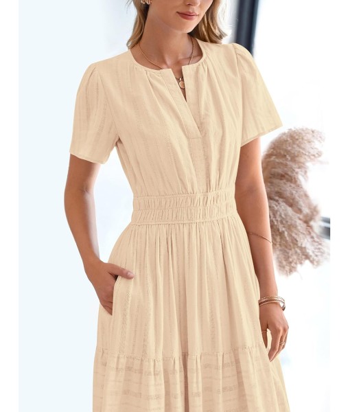 BTFBM Womens Summer 2025 Casual Midi Maxi Dresses Lightweight Short Sleeve V Neck Elastic Waist Boho Beach Dress Pockets