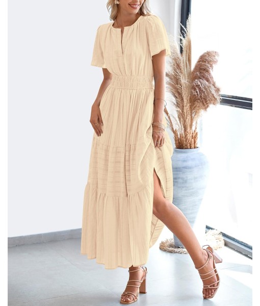 BTFBM Womens Summer 2025 Casual Midi Maxi Dresses Lightweight Short Sleeve V Neck Elastic Waist Boho Beach Dress Pockets