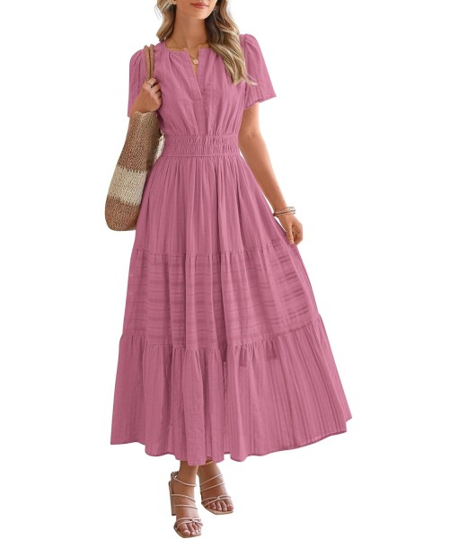 BTFBM Womens Summer 2025 Casual Midi Maxi Dresses Lightweight Short Sleeve V Neck Elastic Waist Boho Beach Dress Pockets