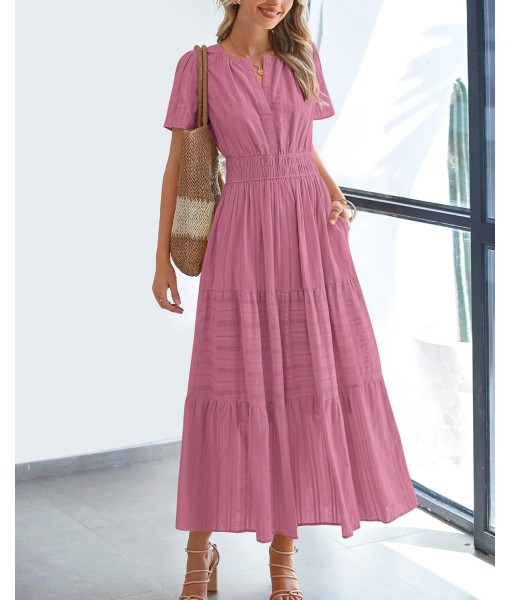 BTFBM Womens Summer 2025 Casual Midi Maxi Dresses Lightweight Short Sleeve V Neck Elastic Waist Boho Beach Dress Pockets