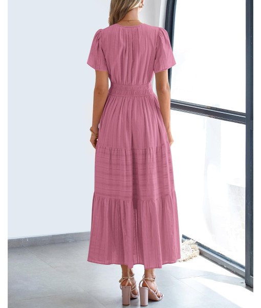 BTFBM Womens Summer 2025 Casual Midi Maxi Dresses Lightweight Short Sleeve V Neck Elastic Waist Boho Beach Dress Pockets