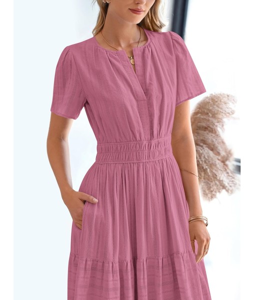 BTFBM Womens Summer 2025 Casual Midi Maxi Dresses Lightweight Short Sleeve V Neck Elastic Waist Boho Beach Dress Pockets