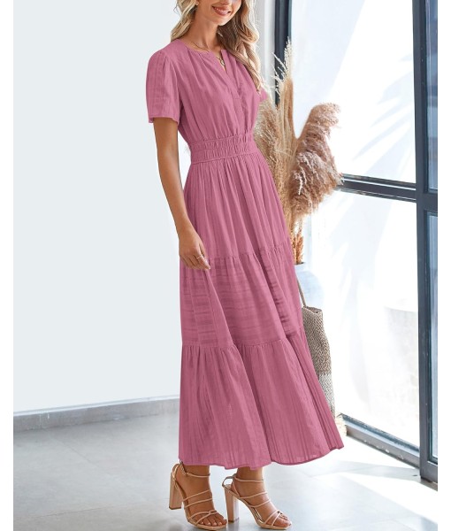 BTFBM Womens Summer 2025 Casual Midi Maxi Dresses Lightweight Short Sleeve V Neck Elastic Waist Boho Beach Dress Pockets