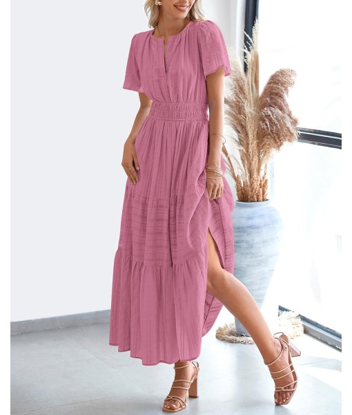 BTFBM Womens Summer 2025 Casual Midi Maxi Dresses Lightweight Short Sleeve V Neck Elastic Waist Boho Beach Dress Pockets