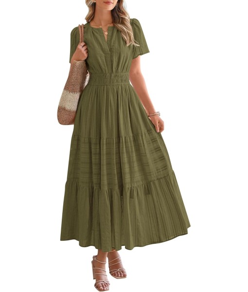 BTFBM Womens Summer 2025 Casual Midi Maxi Dresses Lightweight Short Sleeve V Neck Elastic Waist Boho Beach Dress Pockets
