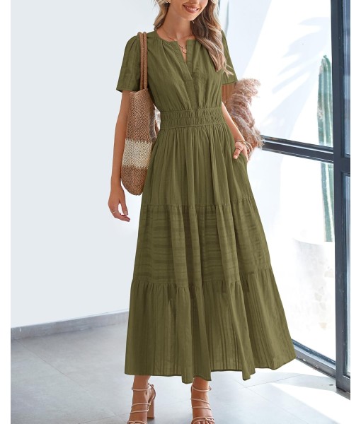 BTFBM Womens Summer 2025 Casual Midi Maxi Dresses Lightweight Short Sleeve V Neck Elastic Waist Boho Beach Dress Pockets