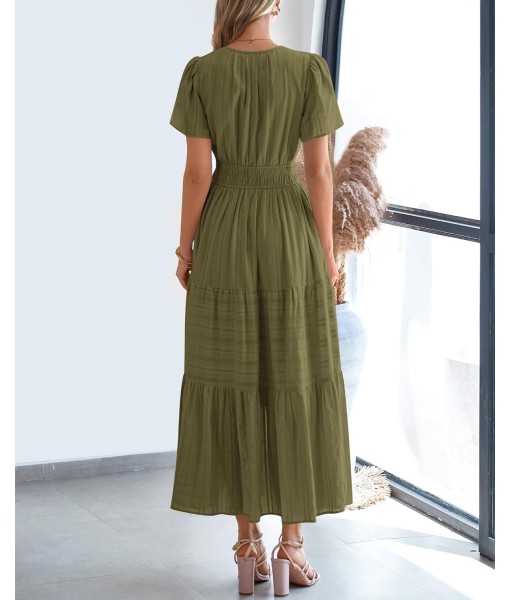 BTFBM Womens Summer 2025 Casual Midi Maxi Dresses Lightweight Short Sleeve V Neck Elastic Waist Boho Beach Dress Pockets