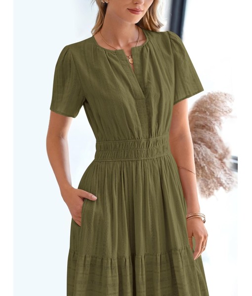 BTFBM Womens Summer 2025 Casual Midi Maxi Dresses Lightweight Short Sleeve V Neck Elastic Waist Boho Beach Dress Pockets