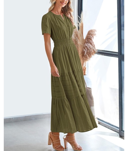 BTFBM Womens Summer 2025 Casual Midi Maxi Dresses Lightweight Short Sleeve V Neck Elastic Waist Boho Beach Dress Pockets