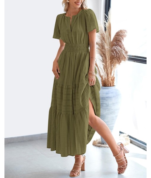 BTFBM Womens Summer 2025 Casual Midi Maxi Dresses Lightweight Short Sleeve V Neck Elastic Waist Boho Beach Dress Pockets