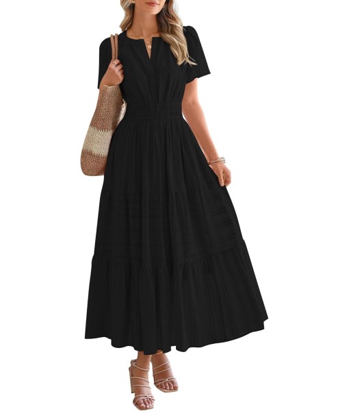 BTFBM Womens Summer 2025 Casual Midi Maxi Dresses Lightweight Short Sleeve V Neck Elastic Waist Boho Beach Dress Pockets