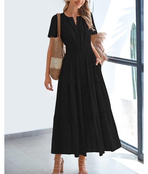 BTFBM Womens Summer 2025 Casual Midi Maxi Dresses Lightweight Short Sleeve V Neck Elastic Waist Boho Beach Dress Pockets