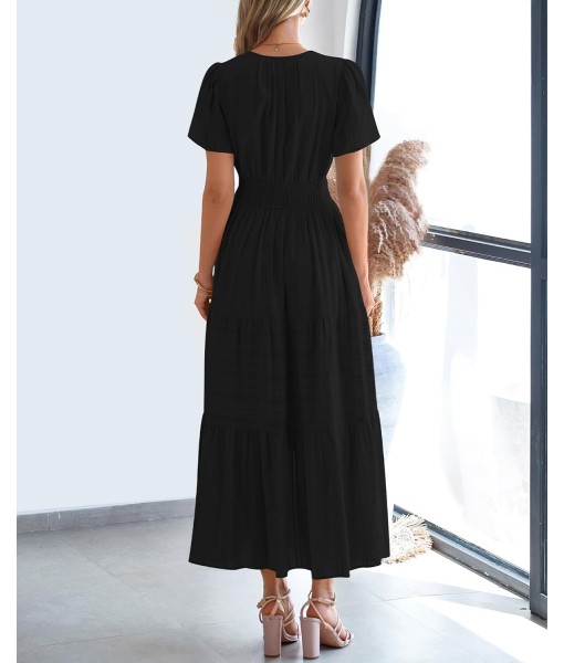 BTFBM Womens Summer 2025 Casual Midi Maxi Dresses Lightweight Short Sleeve V Neck Elastic Waist Boho Beach Dress Pockets