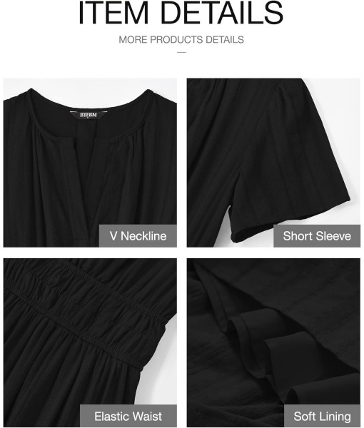 BTFBM Womens Summer 2025 Casual Midi Maxi Dresses Lightweight Short Sleeve V Neck Elastic Waist Boho Beach Dress Pockets