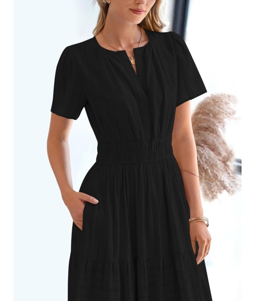 BTFBM Womens Summer 2025 Casual Midi Maxi Dresses Lightweight Short Sleeve V Neck Elastic Waist Boho Beach Dress Pockets