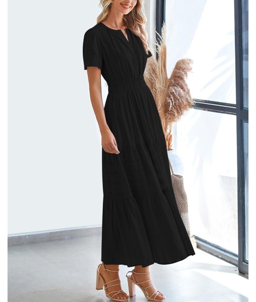 BTFBM Womens Summer 2025 Casual Midi Maxi Dresses Lightweight Short Sleeve V Neck Elastic Waist Boho Beach Dress Pockets