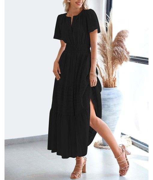 BTFBM Womens Summer 2025 Casual Midi Maxi Dresses Lightweight Short Sleeve V Neck Elastic Waist Boho Beach Dress Pockets