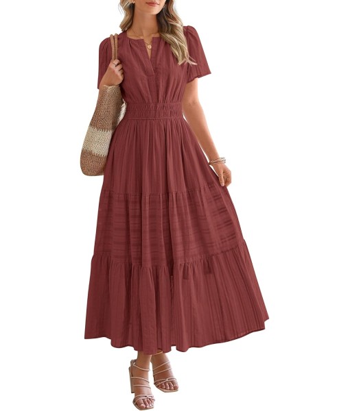 BTFBM Womens Summer 2025 Casual Midi Maxi Dresses Lightweight Short Sleeve V Neck Elastic Waist Boho Beach Dress Pockets